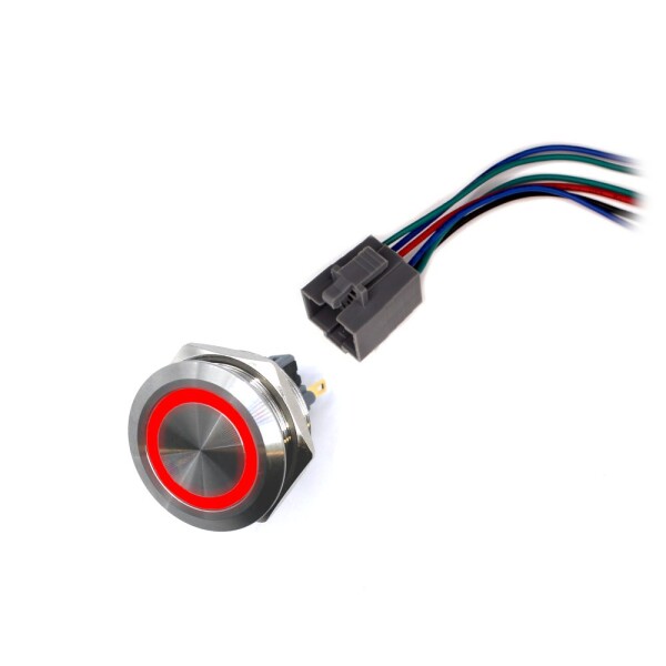 LED vodotěsný spínač 30mm bez aretace - červené podsvícení, 12 - 24V