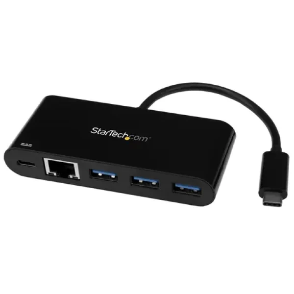 StarTech USB-A Hub 3 porty černá / napájení 60W / 3x USB-A / 1x USB-C / 1x RJ-45 (HB30C3AGEPD)