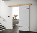 Posuvné dveře Salwador IV Dveře: Bíle mat, Pásky / úchyty: Černá, Horní pojezdová lišta: Dub artisan