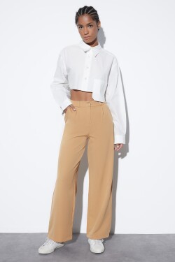 Trendyol béžové tkané plisované kalhoty se širokými nohavicemi
