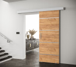 Posuvné dveře Salwador IV Dveře: Bíle mat, Pásky / úchyty: Černá, Horní pojezdová lišta: Dub artisan