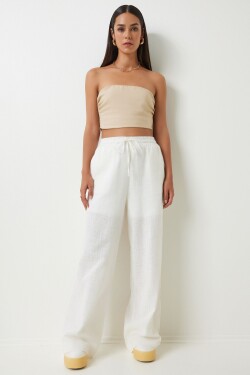 Happiness İstanbul Women's White Loose Cut Linen Trousers