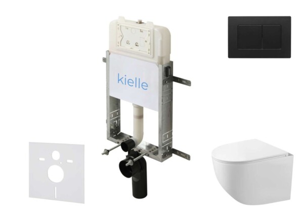 Kielle - Genesis New Set předstěnové instalace, kompaktního klozetu Gaia, Rimless, sedátka softclose a tlačítka Gemini New III, matná černá 30528SZ90