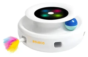 ROJECO Interaktivní hračka pro kočky 2v1 / 5 režimů / peříčka a míčky / LED podsvícení / baterie nebo kabel (RWJ-10)