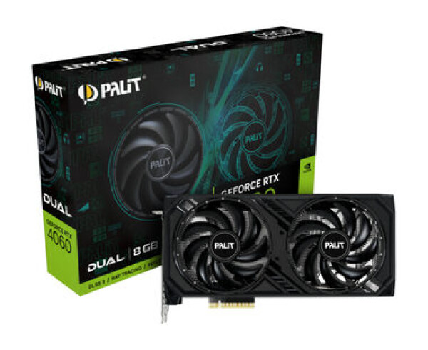 PALIT GeForce RTX 4060 Dual 8GB / 1830 - 2460 MHz / 8GB GDDR6 / 128-bit / 1x HDMI + 3x DP / 115W (8) (NE64060019P1-1070D)