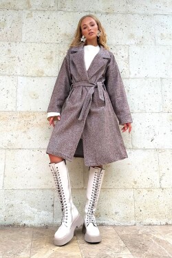 Trend Alaçatı Stili Dámské Hnědé Dvouřadé Pas Pas Rybí Kost Vzorované Razítko Coat