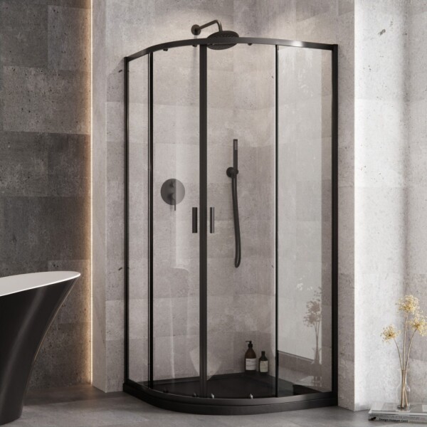 BESCO - Set čtvrtkruhový kout ZARYA BLACK + vanička AXIM STONE EFFECT - Barva rámu - Černá, Rozměr A - 90, Rozměr B - 90, Výplň - Čiré bezpečnostní sklo - 5 mm BCZBAXS90190