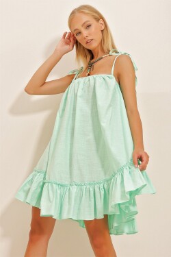 Trend Alaçatı Stili Dámské vodní zelené provazořez sukně s volány froté bavlněné lněné šaty