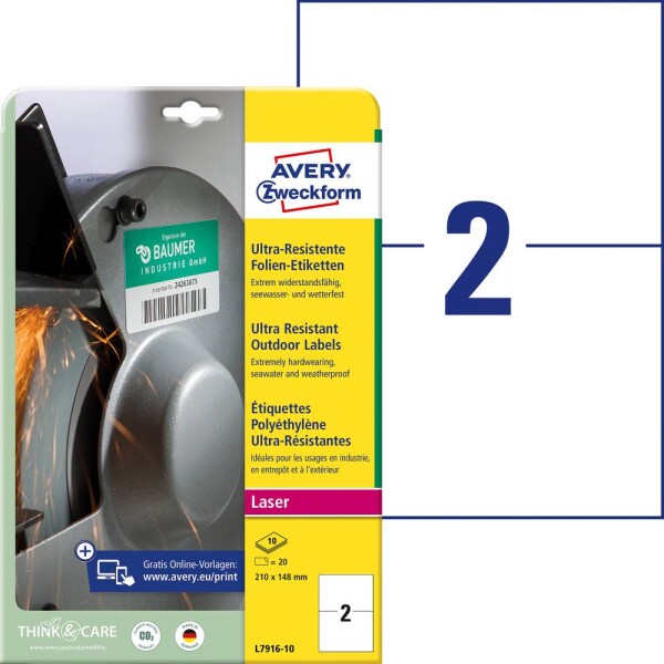 Avery-Zweckform L7916-10 Fóliové etikety 210 x 148 mm polyethylenová fólie bílá 20 ks trvalé barevná laserová tiskárna, laserová tiskárna, barevná kopírka,