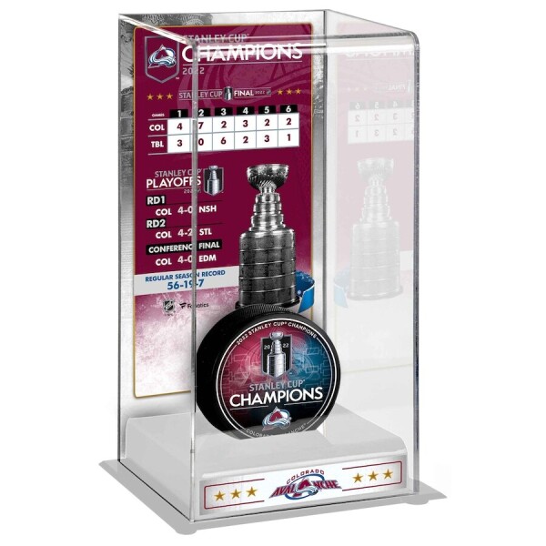 Fanatics Vitrína na puk Colorado Avalanche 2022 Stanley Cup Champions Logo Deluxe Tall Hockey Puck Case