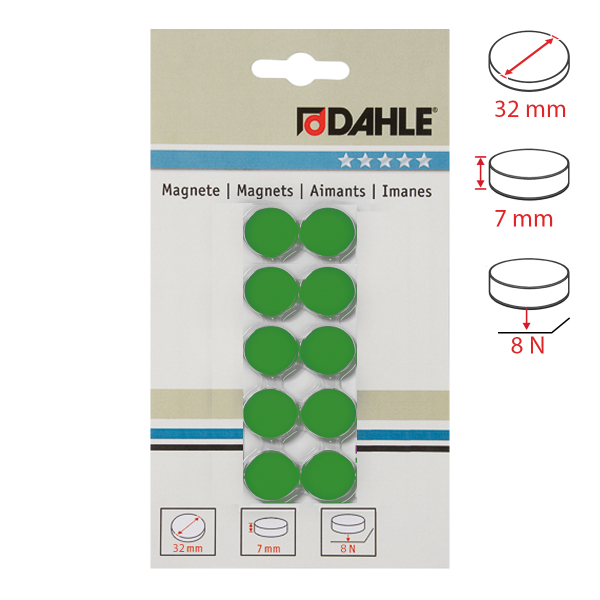Dahle magnet plánovací, Ø 32 mm, 8 N, 10 ks, zelený