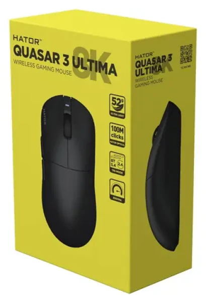 Hator Quasar 3 Ultima 8K černá / Herní bezdrátová myš / optická / 30000 DPI / 2.4GHz / Bluetooth / USB-C (HTM762)