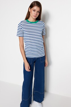 Trendyol námořnicky modré pruhované základní barvy tričko s kulatým výstřihem