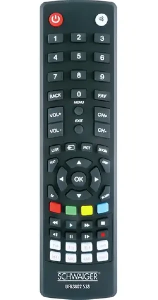 Schwaiger Univerzální dálkový ovladač 8 v 1 černá / Dálkový ovladač / IR / Univerzální / 8 zařízení / 2x AAA (UFB3802533)