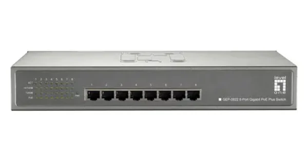 LevelOne PoE+ switch 8x Gigabit 240W / Switch / Unmanaged / 8x GbE PoE+ porty / Rack 19" / kovové tělo (GEP-0822)