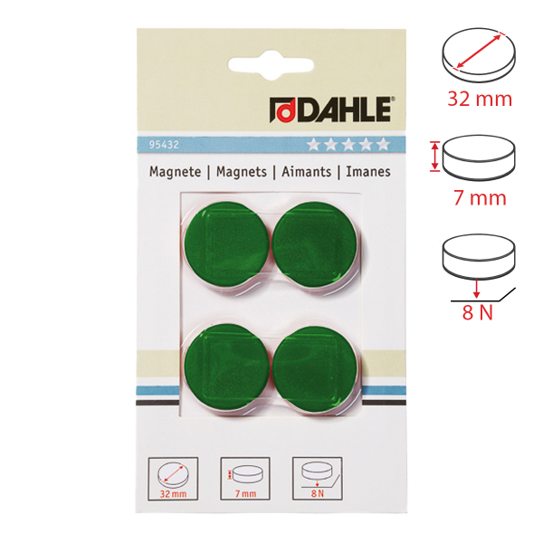 Dahle magnet plánovací, Ø 32 mm, 8 N, 4 ks, zelené
