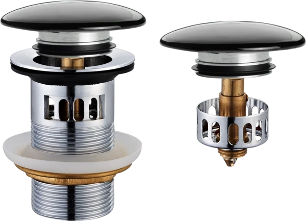 JB Sanitary Umyvadlová výpusť 5/4" s přepadem, velká černá zátka VK23