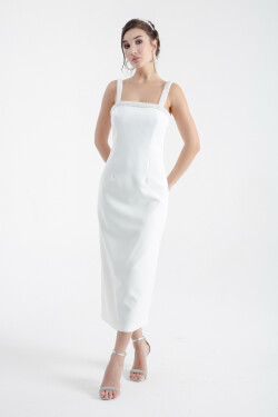Lafaba Women's White Pearl Midi Evening Dress