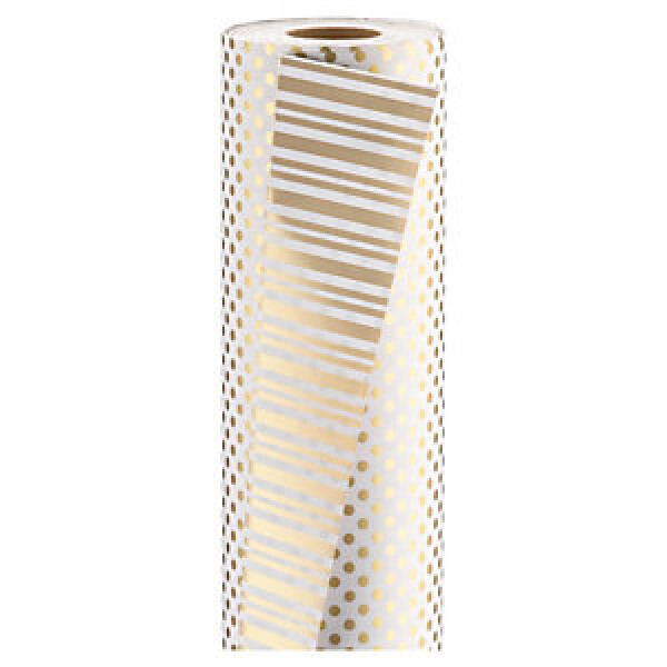 Oboustranný dárkový balicí papír, šířka 70cm, délka 50m, zlatý, motiv pruhy/tečky