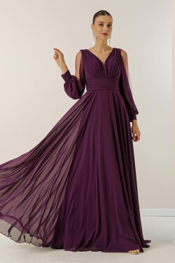 By Saygı Front Back V-Neck Front Draped Sleeves Tulle Lined Wide Body Interval Long Chiffon Dress