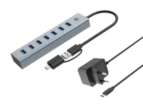 Conceptronic USB hub 7x USB-A 3.0 šedý / USB hub / USB-C adaptér / napájecí adaptér / hliníkové tělo (HUBBIES21GP)