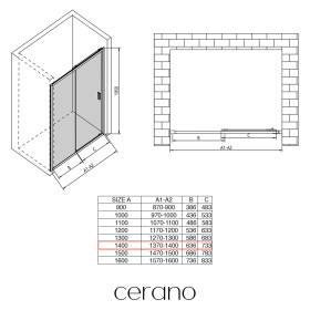 CERANO - Sprchové posuvné dveře Varone LINE L/P - 6 mm - černá matná, transparentní sklo - 140x195 CER-478099