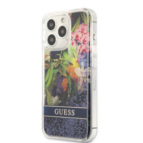 Pouzdro Guess Liquid Glitter Flower iPhone 13 Pro Blue