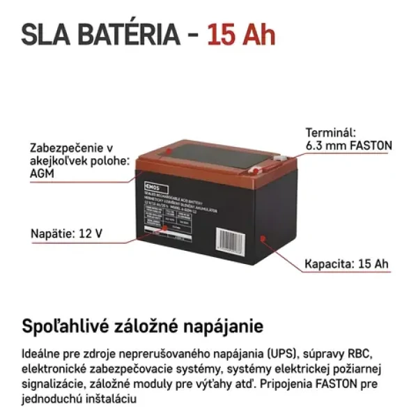 EMOS Bezúdržbový olověný akumulátor 12 V (B9656V) / 12 Ah / Faston 6,3 mm (B9656V)
