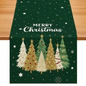DumDekorace Vánoční lněný běhoun s potiskem - 180 x 33 cm zelený stromeček