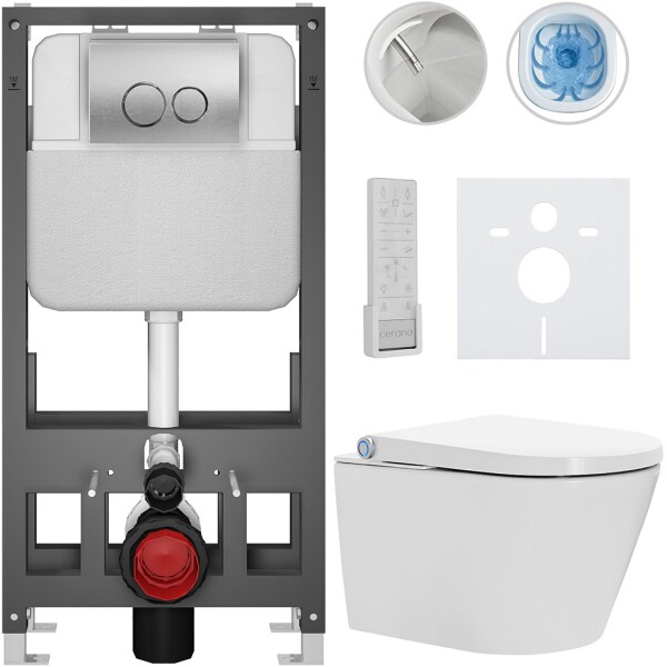 CERANO Závěsné WC s bidetem Basic/Cronus Premium - bílá lesklá - WC tlačítko Dualo/Stříbrná - volně stojící - předstěnová instalace - 59,3x38,4 cm