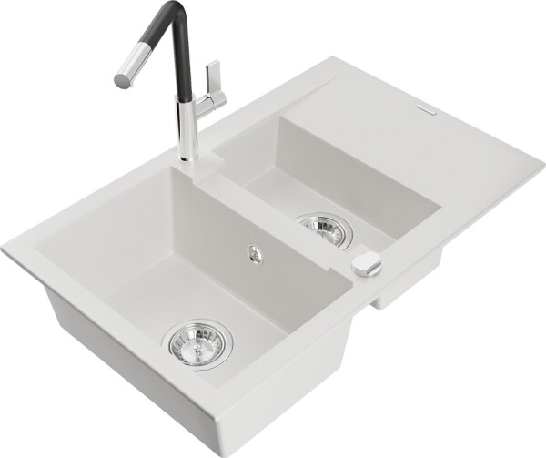 MEXEN/S - Gaspar granitový dřez 1.5 s odkapávačem včetně baterie Flora, bílá 6507-20-670401-07