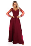 640-1 LORETTA jedinečné dlouhé šaty s tylovými rukávy a výstřihem - vínové XXL