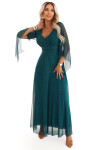 655-2 Dlouhé lehké třpytivé šaty s výstřihem a průhlednými rukávy - smaragdově zelené UNI