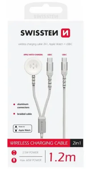 SWISSTEN Magnetický kabel pro Apple Watch a USB-C 1.2m bílá / USB-C / 2v1 / 60W / opletený (22065504)