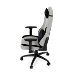 Herní křeslo, stříbrná látka, houpací mechanismus, polohování opěradla 90°-180°, 3D područky, polštáře z paměťové pěny,