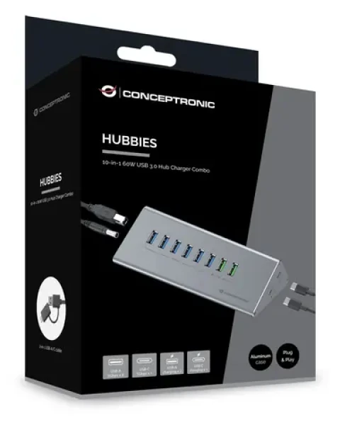 Conceptronic USB-C hub 10 portů šedá / Hub / 6x USB-A 3.0 / 2x USB-C / napájecí adaptér 60W (HUBBIES18G)