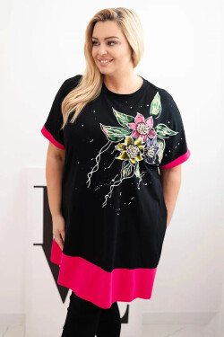 Dámská tunika Plus Size s květinovým vzorem a ozdobnými perličkami fuchsiová UNI