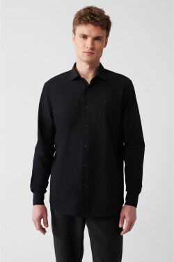 Avva Men's Black Classic Collar See-through Cotton Slim Fit Slim Fit Shirt