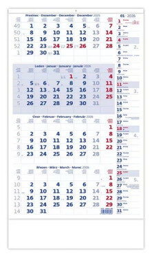 Kalendář nástěnný 2026 - Čtyřměsíční modrý s poznámkami