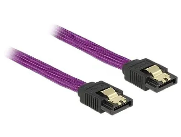DeLock SATA kabel 6 Gb/s 30 cm přímý/přímý / kovové svorky / fialový (83690)