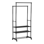 Stojan na šaty dvouramenný se třemi policemi, černá barva, kov / plast, chrom