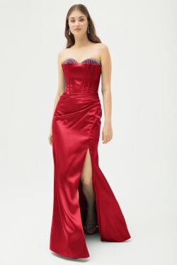 Lafaba Women's Red Stone Underwire Corset Slit Long Satin Evening Dress