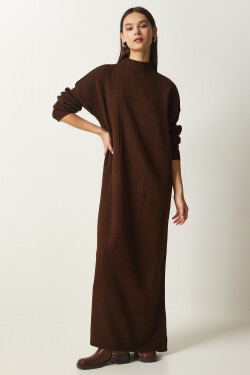 Happiness İstanbul Women's Brown High Neck Oversize Knitwear Dress