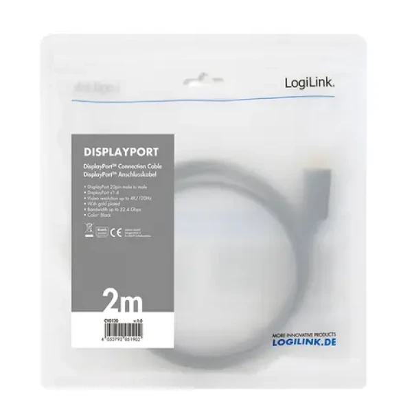 LogiLink DisplayPort 1.4 černá / Kabel DisplayPort / 2 m / 8K/60 Hz (CV0120)