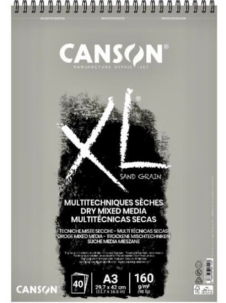 Canson Skicák XL Dry Mixed Media Sand Grain šedý A3 160 g, 40 listů