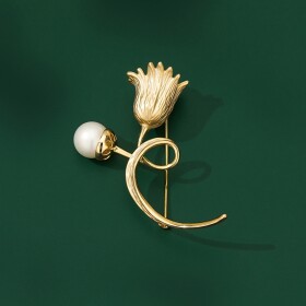 Brož s bílou perlou Blanca - tulipán, Zlatá