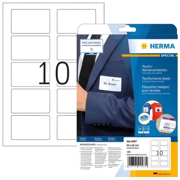 Herma textilní jmenovky 80x50 mm bílá / Etikety / snímatelné / laser / 100 ks (4587)