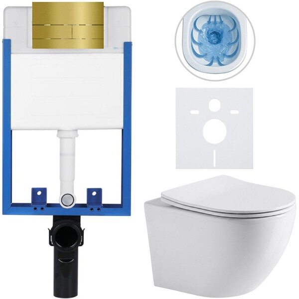 CERANO Kompletní podomítkový WC set Lite/Cesso - bílá lesklá - WC tlačítko Line, zlatá - k zazdění - 49x36 cm
