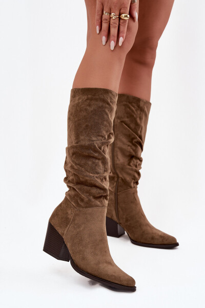 Zateplené dámské kozačky na sloupkovém podpatku Paelina - zelená Velikost: 38