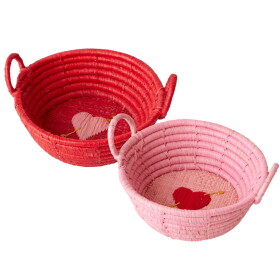 Rice Košík z rafie Round Heart 12 cm Červený, červená barva, růžová barva